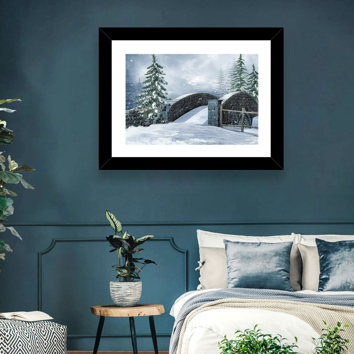 Snowy Stone Bridge in Winter Forest Wall Art in a room, landscape