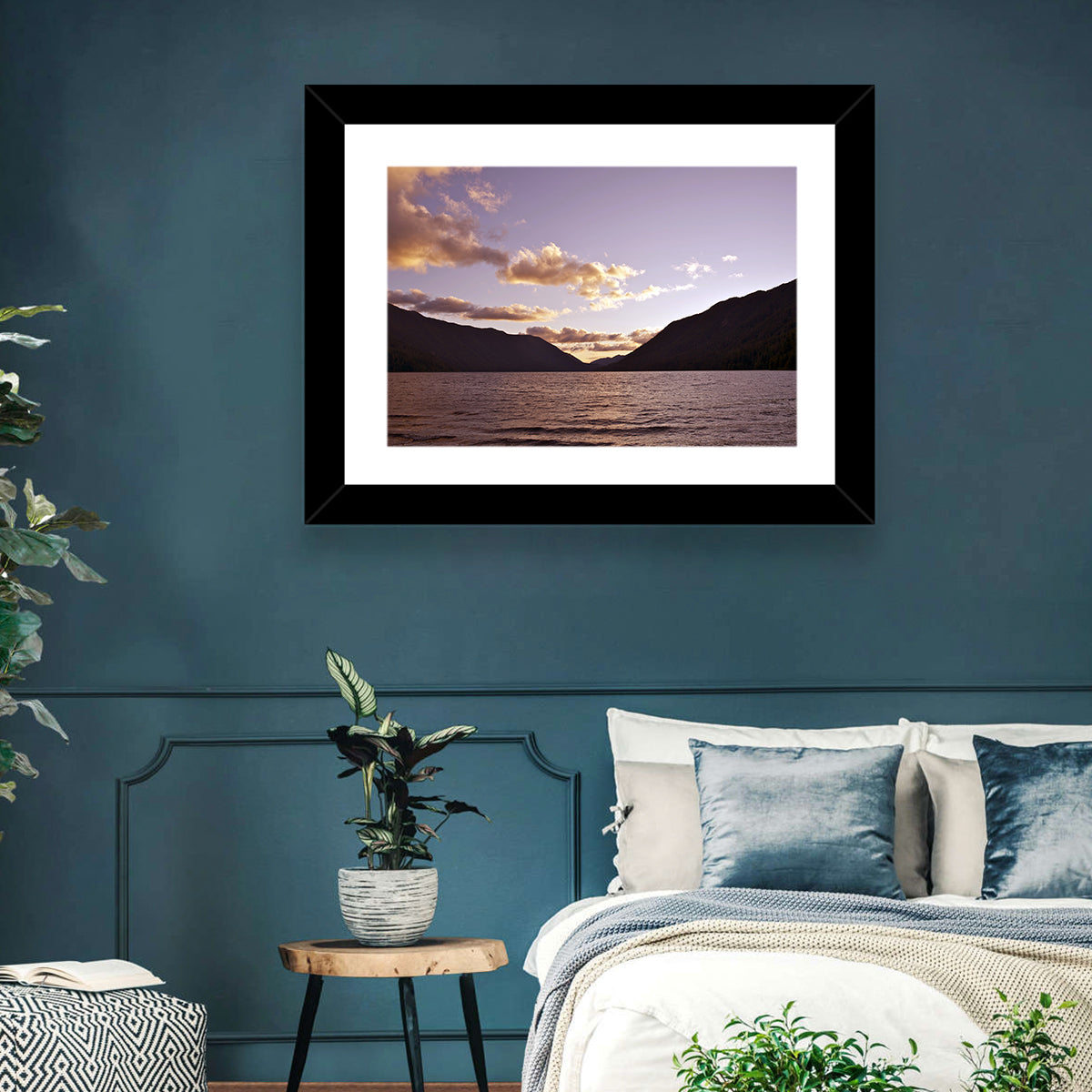 Purple Sunset Over Lake Crescent Wall Art in a room, landscape