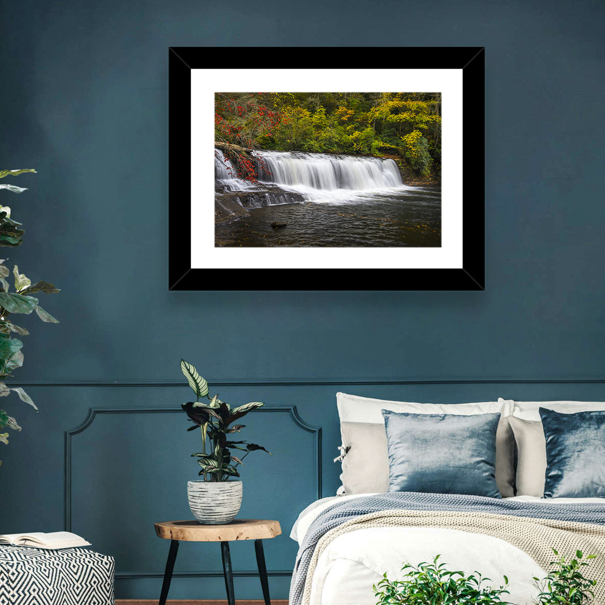 Dupont State Forest Autumn Waterfall Stream Wall Art in a room, landscape