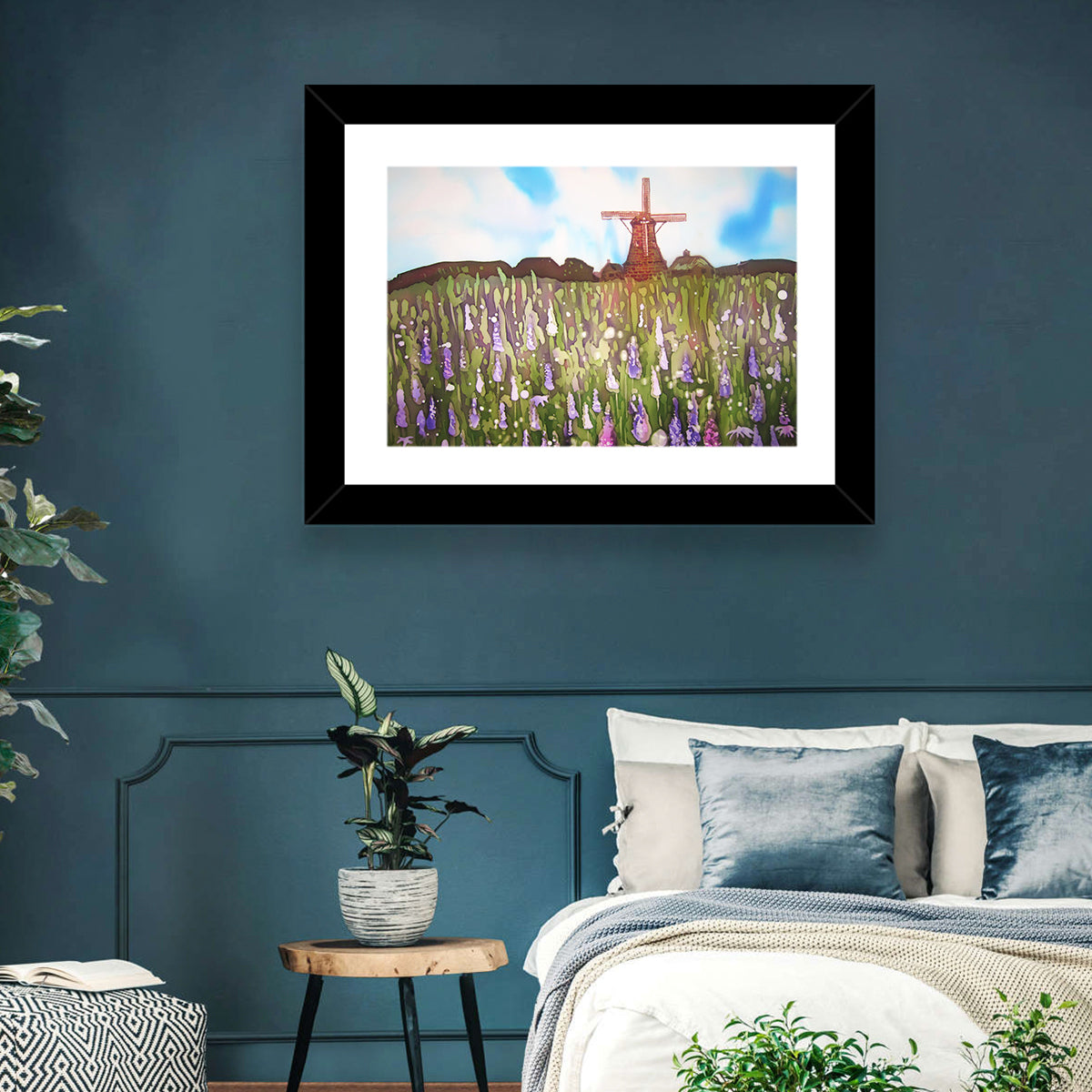 Ink Wash Windmill in Blooming Field Wall Art in a room, landscape