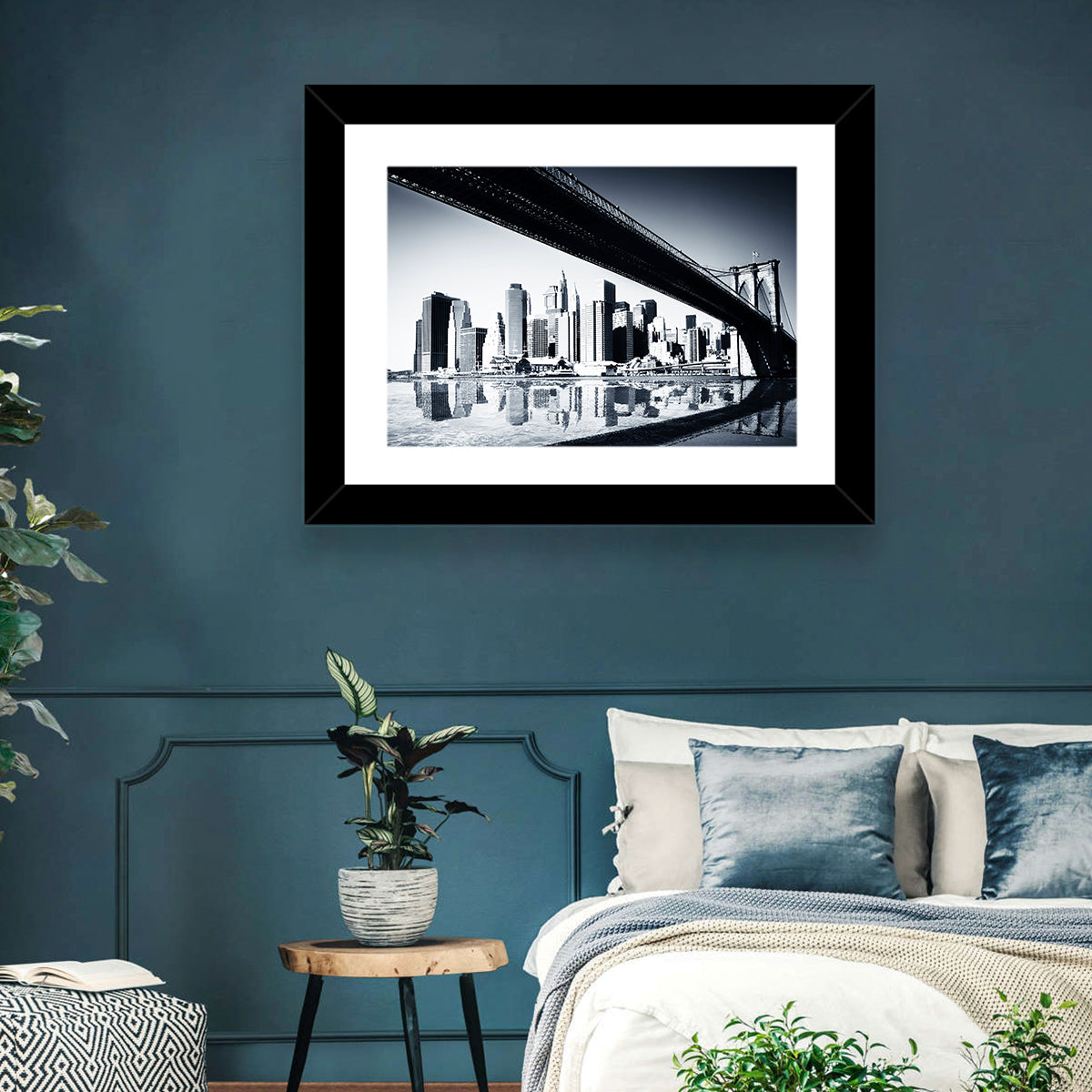 Brooklyn Bridge Low Angle Skyline Reflection Wall Art in a room, landscape