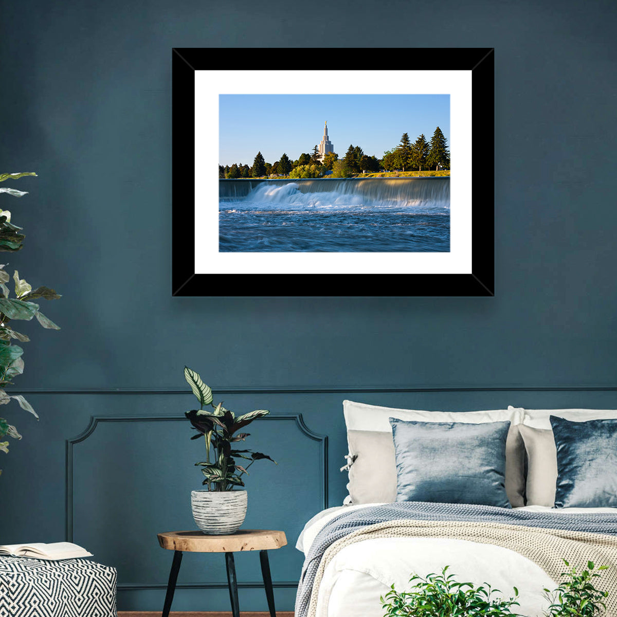 Idaho Falls Temple and Waterfall Wall Art in a room, landscape