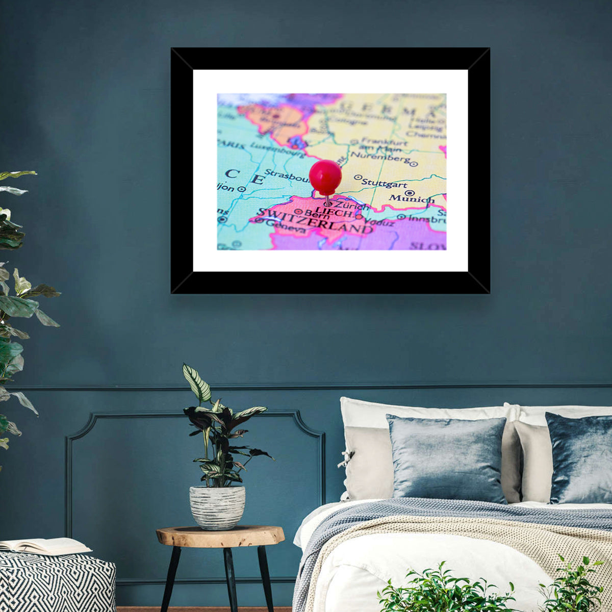 Zurich Map with Red Pin Wall Art in a room, landscape