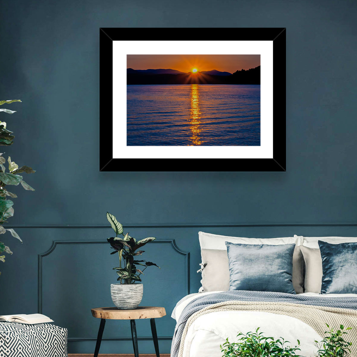 Lake Jocassee Golden Sunrise Wall Art in a room, landscape