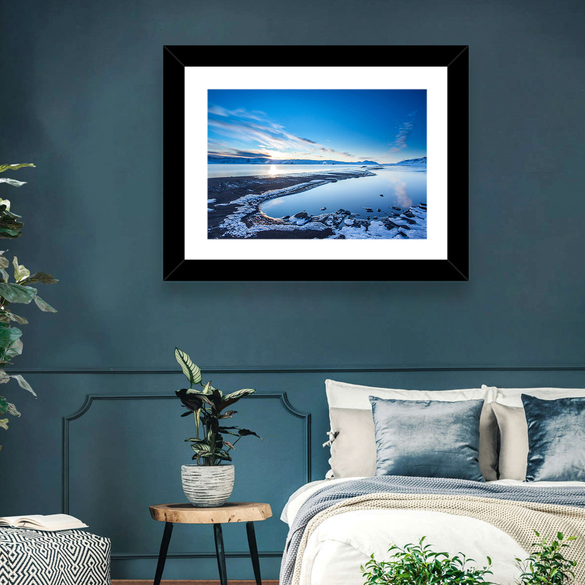 Lake Kleifarvatn Icy Shoreline Wall Art in a room, landscape