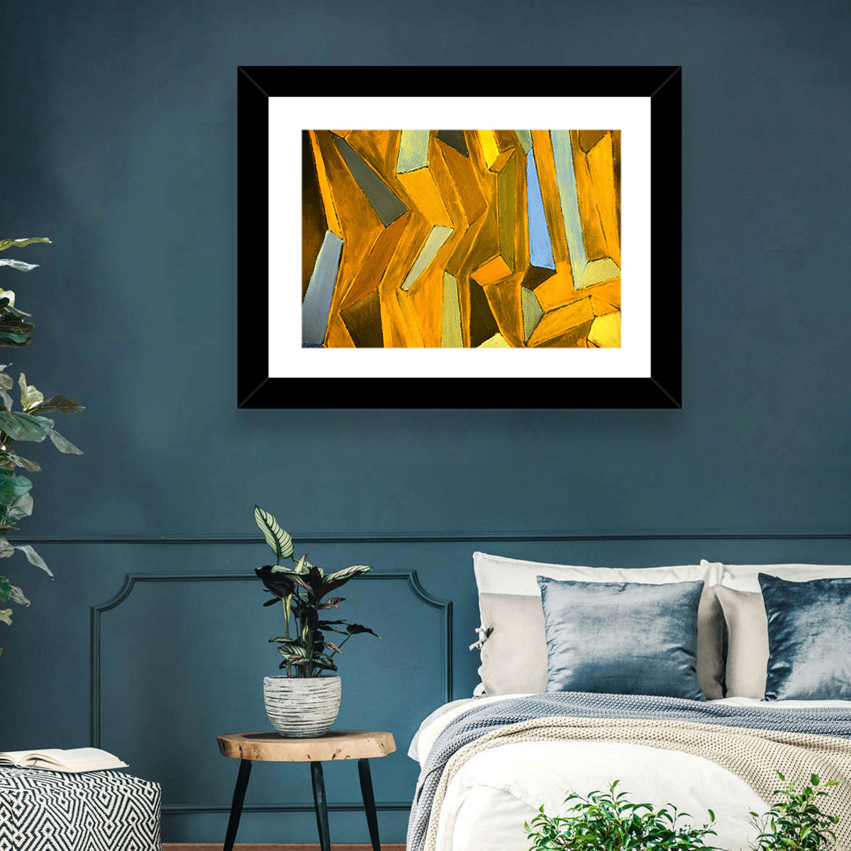 Golden Blocks Abstract Wall Art in a room, landscape
