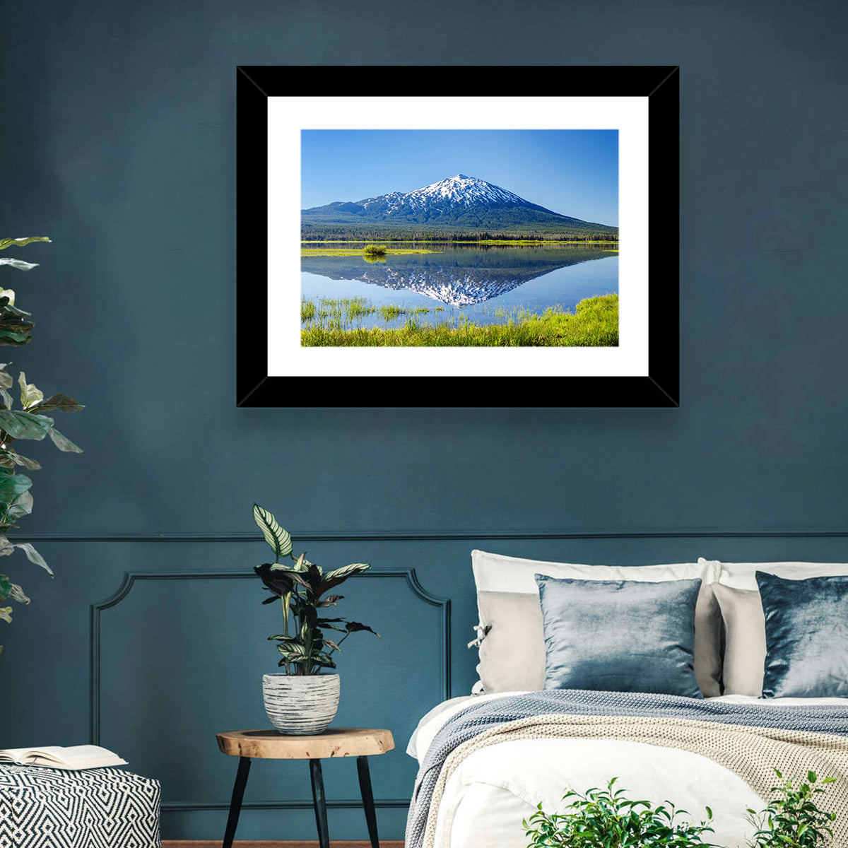 Mount Bachelor Lake Reflection Wall Art in a room, landscape
