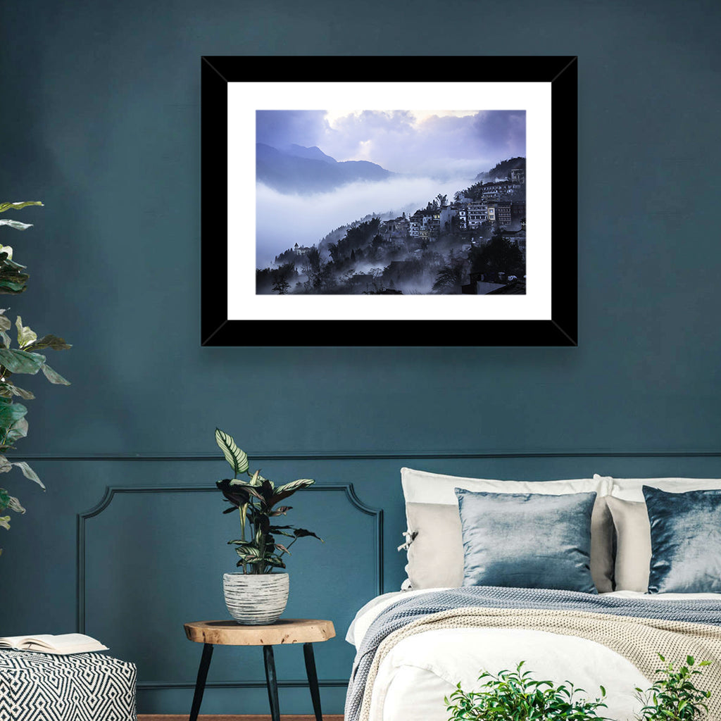 Misty Hillside Town Wall Art
