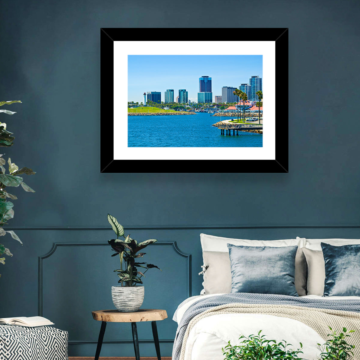 Long Beach Rainbow Harbor Skyline Wall Art in a room, landscape