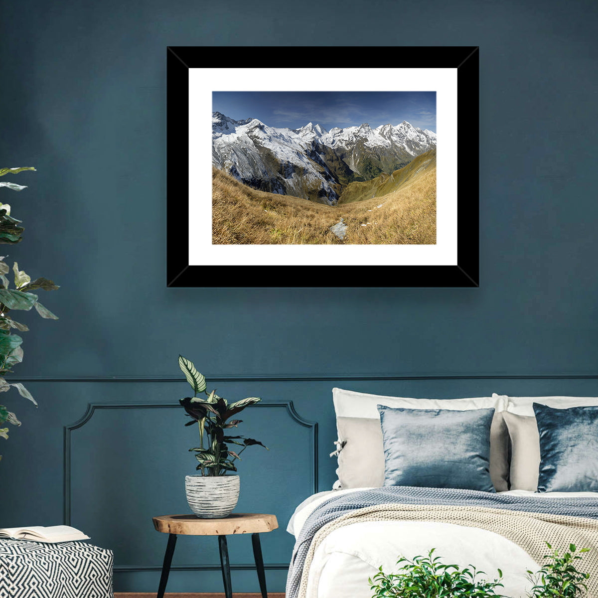 Crisp Alpine Valley with Snow-capped Peaks Wall Art in a room, landscape