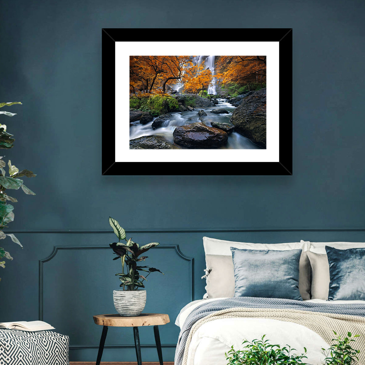 Konglan Autumn Waterfall Wall Art in a room, landscape