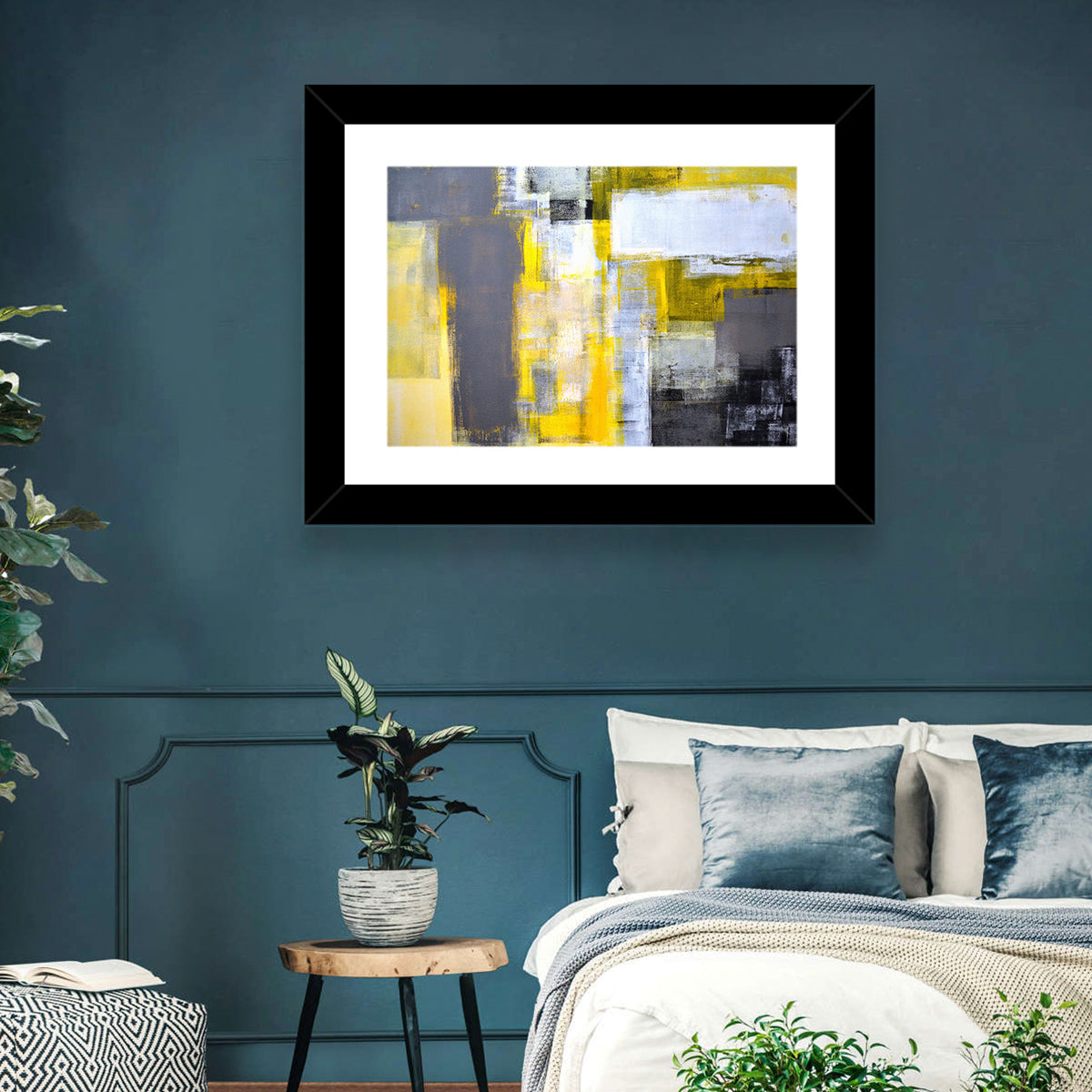 Yellow and Gray Color Block Abstract Wall Art in a room, landscape