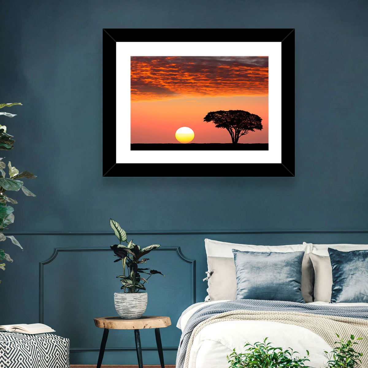 Serengeti Sunset Silhouette Wall Art in a room, landscape