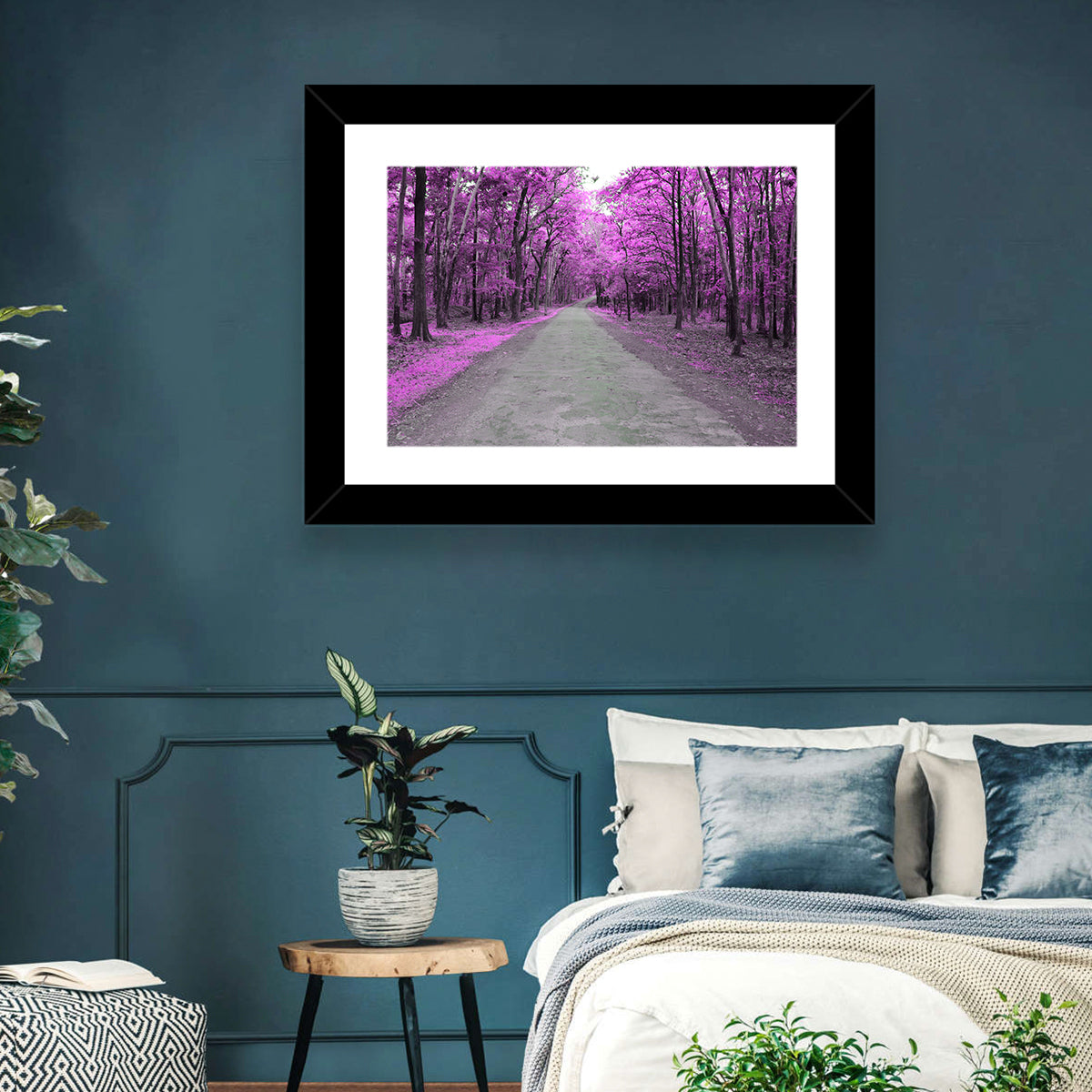 Magenta Autumn Forest Road Wall Art in a room, landscape