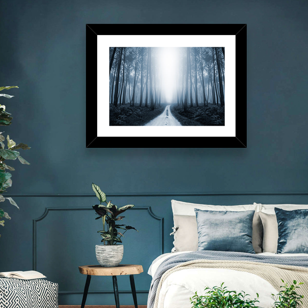 Misty Forest Road at Twilight Wall Art in a room, landscape
