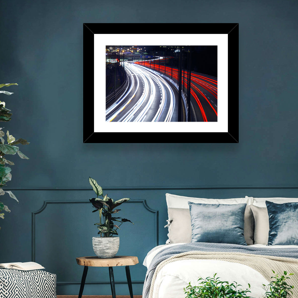 Night Highway Light Trails Wall Art in a room, landscape