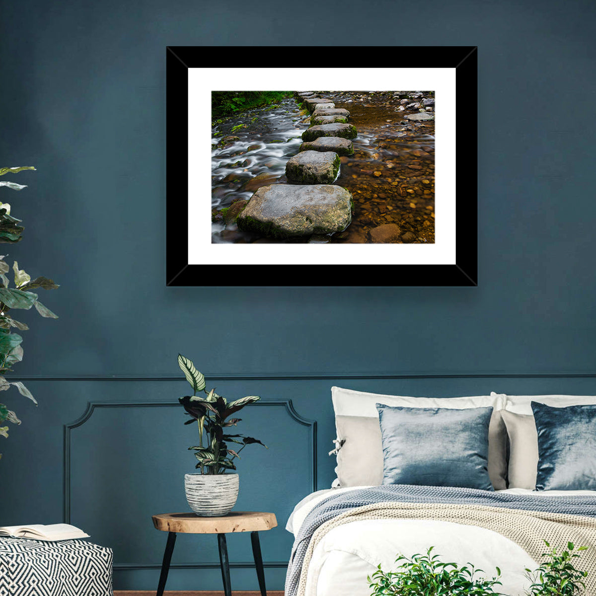Mossy Stepping Stones Over Stream Wall Art in a room, landscape