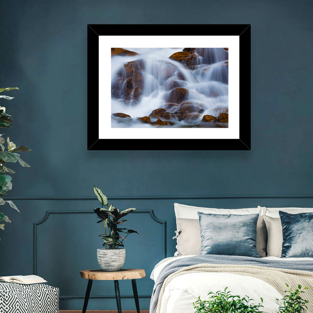 Rocky Mountain Waterfall Wall Art in a room, landscape