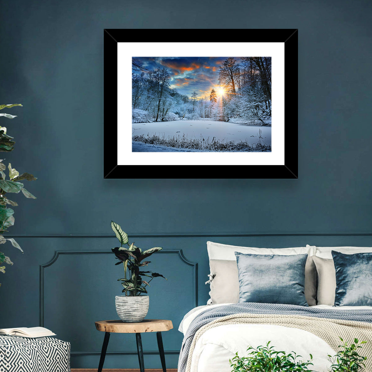 Frozen Forest Lake Wall Art in a room, landscape
