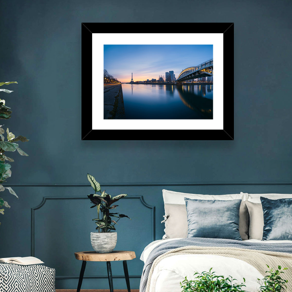 Eiffel Tower Golden Hour Reflection Wall Art in a room, landscape