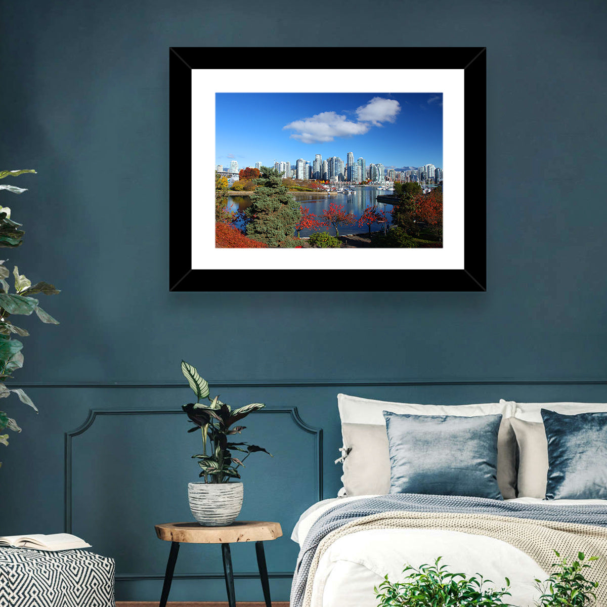 Vancouver Autumn Skyline Wall Art in a room, landscape