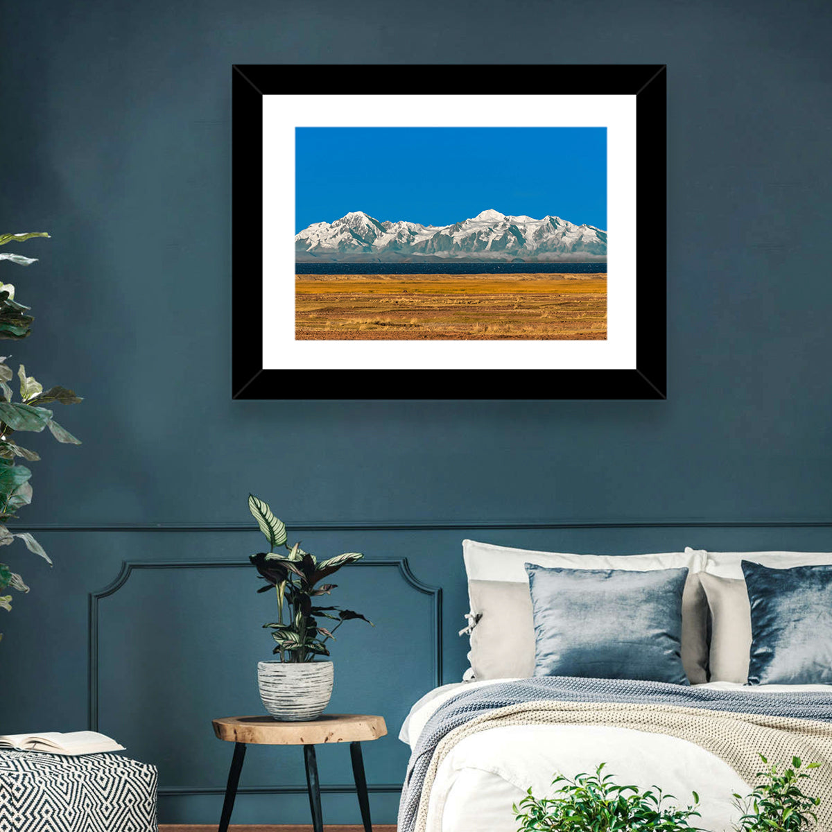Snow-capped Peaks Over Lake Titicaca Wall Art in a room, landscape