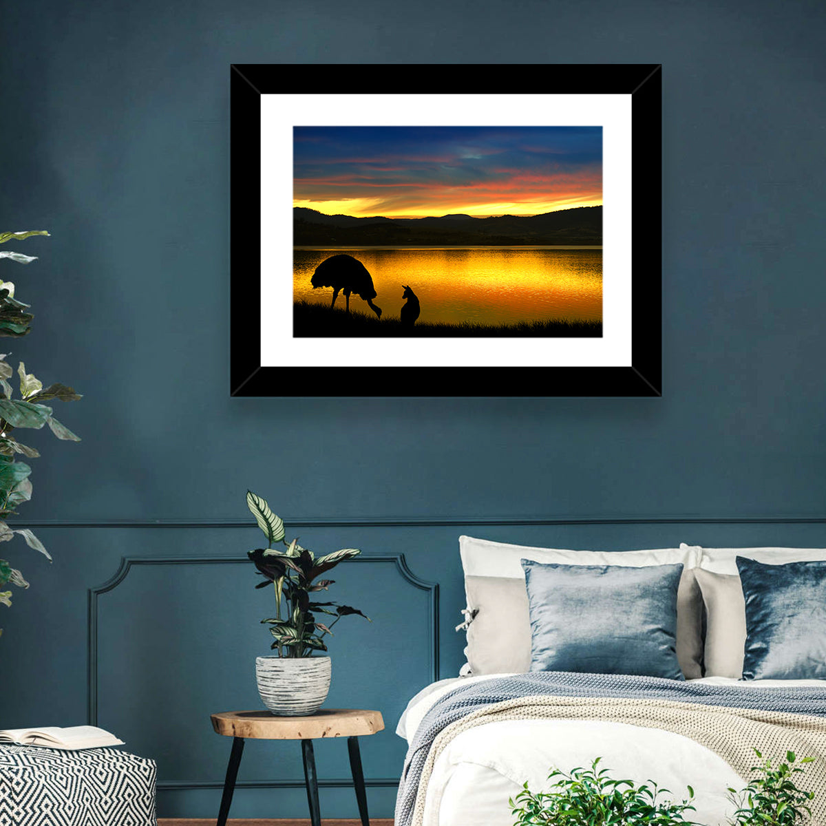 Kangaroo and Emu at Lake Sunset Wall Art in a room, landscape