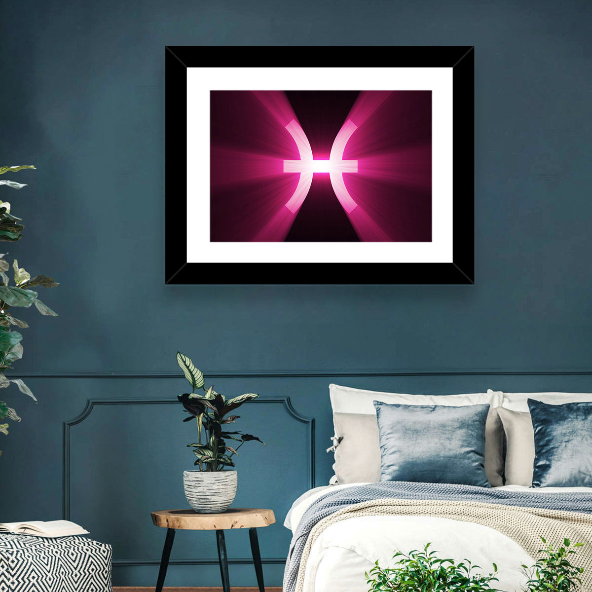 Magenta Pisces Symbol Wall Art in a room, landscape