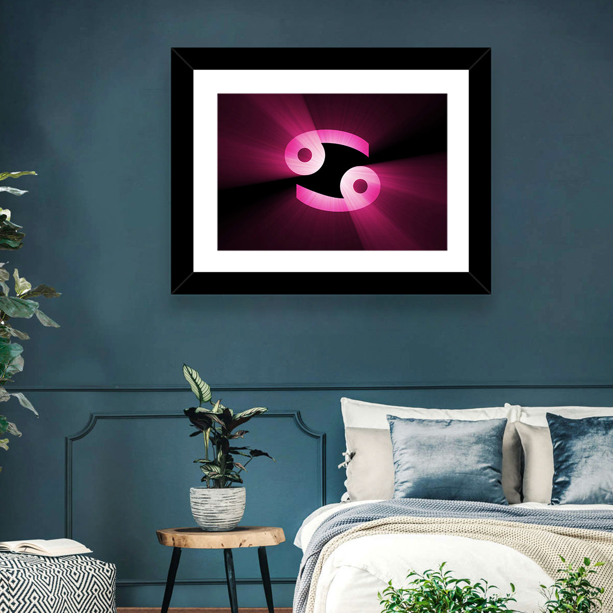Glowing Pink Cancer Symbol Wall Art in a room, landscape