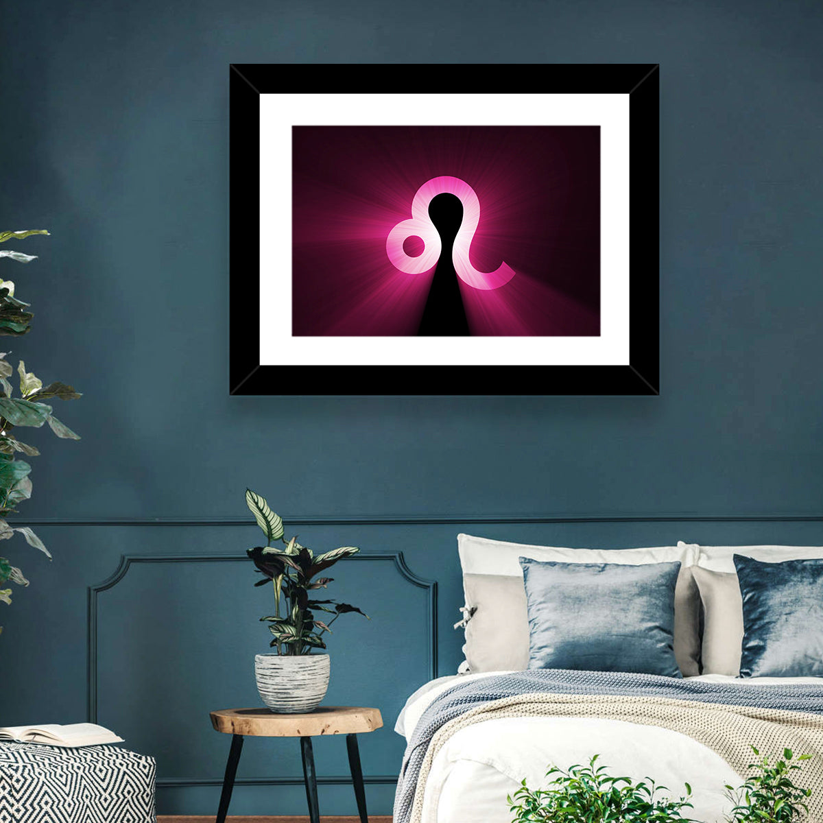 Glowing Magenta Leo Symbol Wall Art in a room, landscape