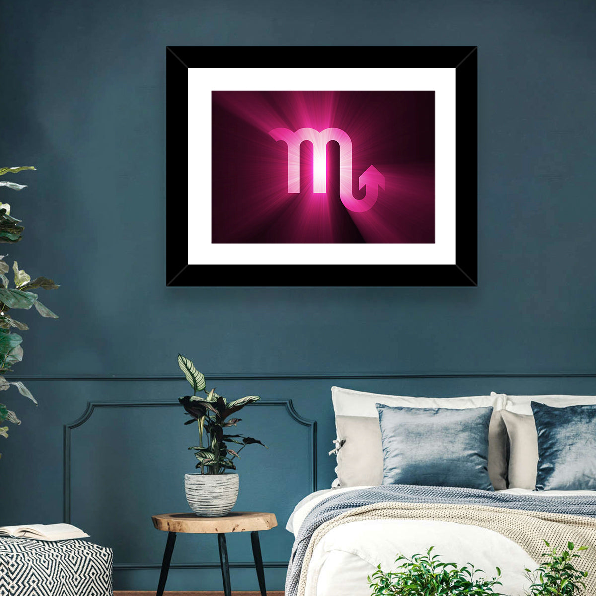 Scorpio Glyph with Magenta Burst Wall Art in a room, landscape