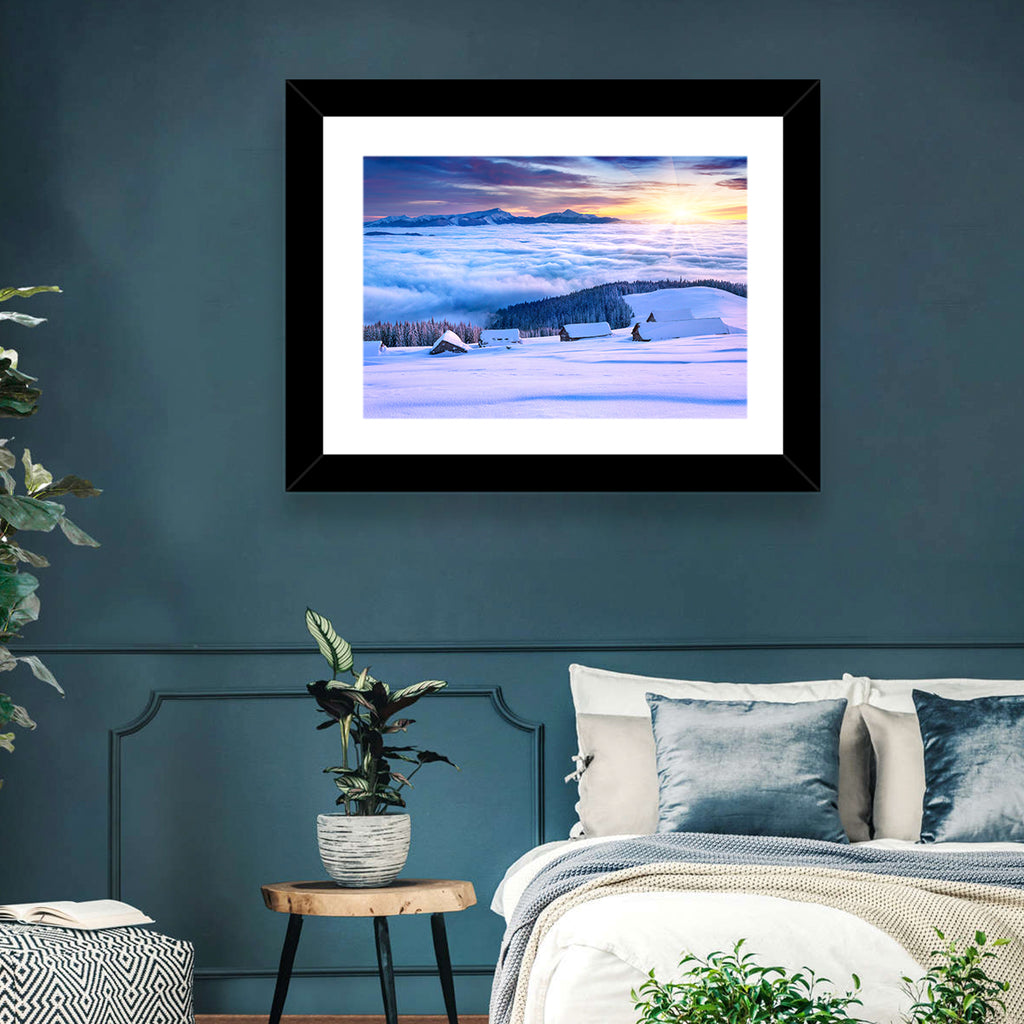 Snowy Cabins Above Clouds Wall Art