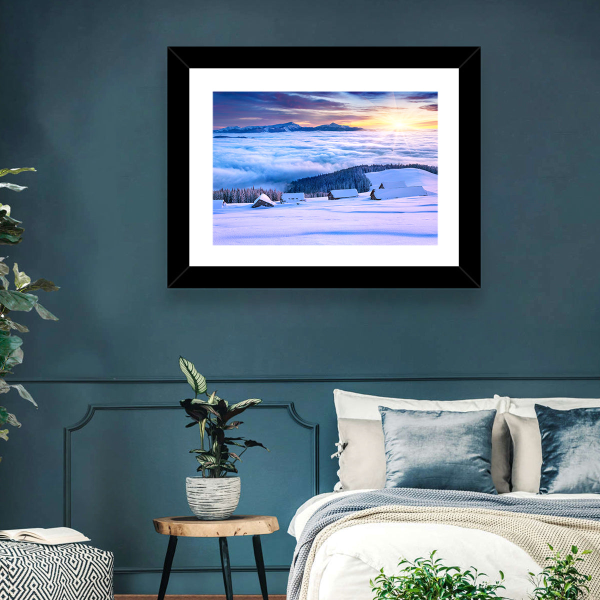Snowy Cabins Above Clouds Wall Art in a room, landscape