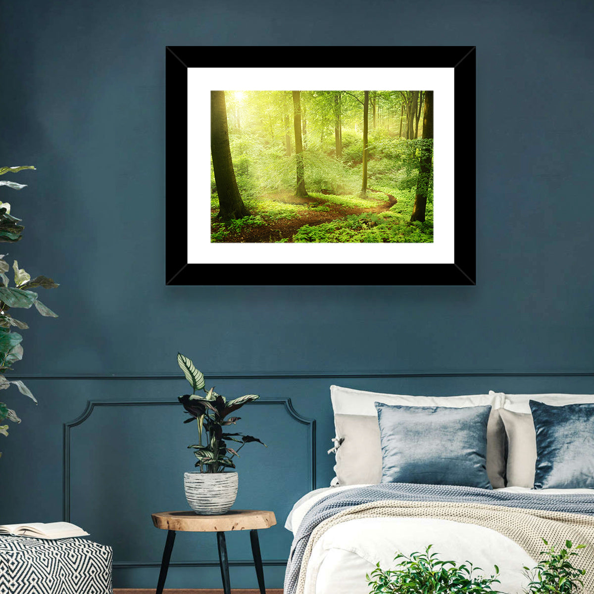 Sunlit Forest Path Wall Art in a room, landscape