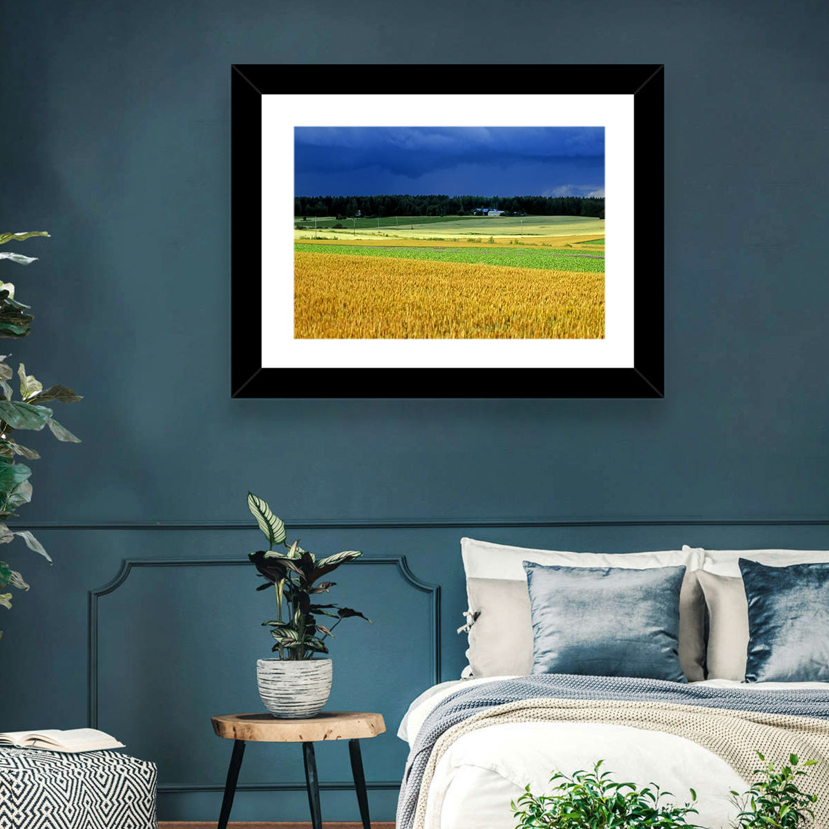 Cornfields Under Stormy Sky Wall Art in a room, landscape