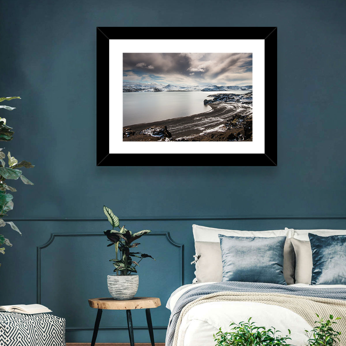 Kleifarvatn Black Sand Shore Wall Art in a room, landscape