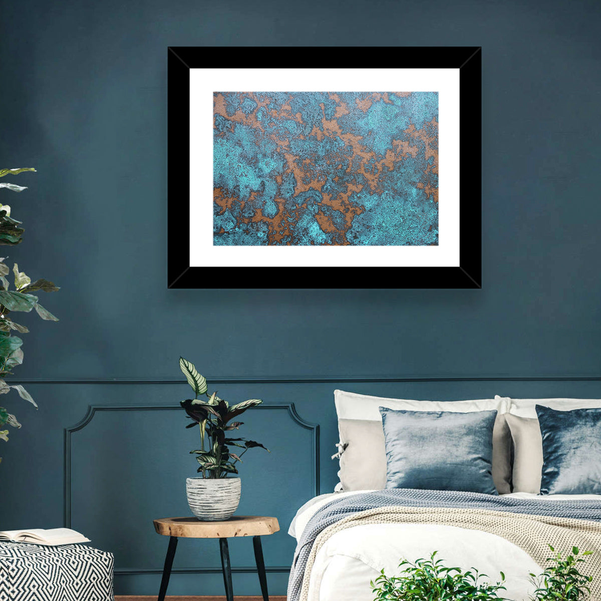 Oxidized Copper Patina Abstract Wall Art in a room, landscape