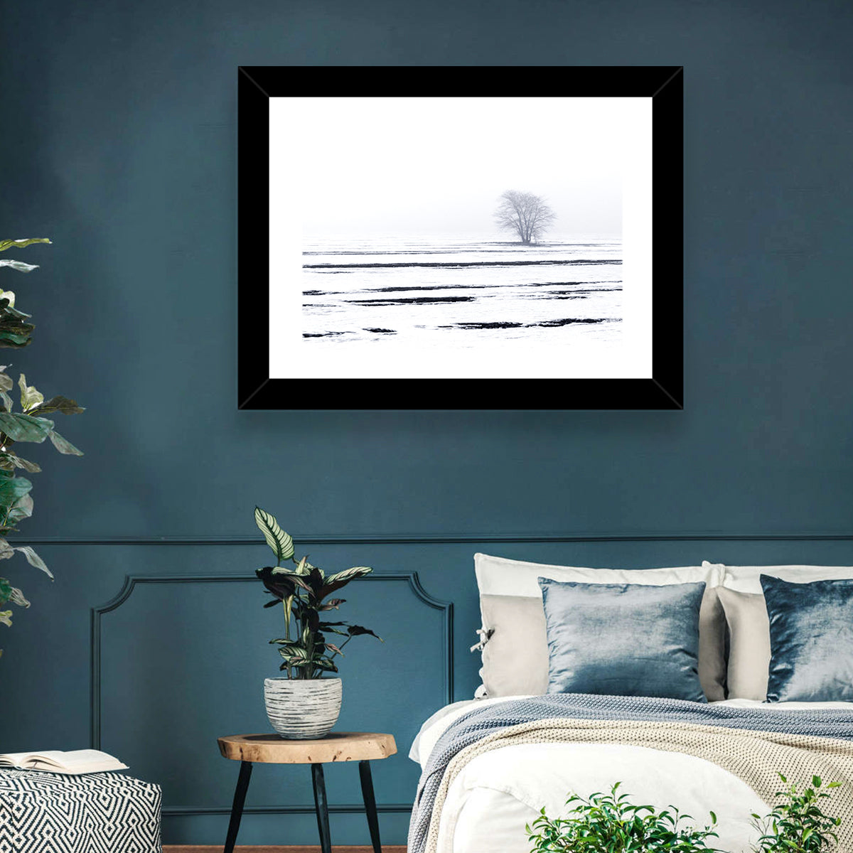 Foggy Winter Field with Lone Tree Wall Art in a room, landscape