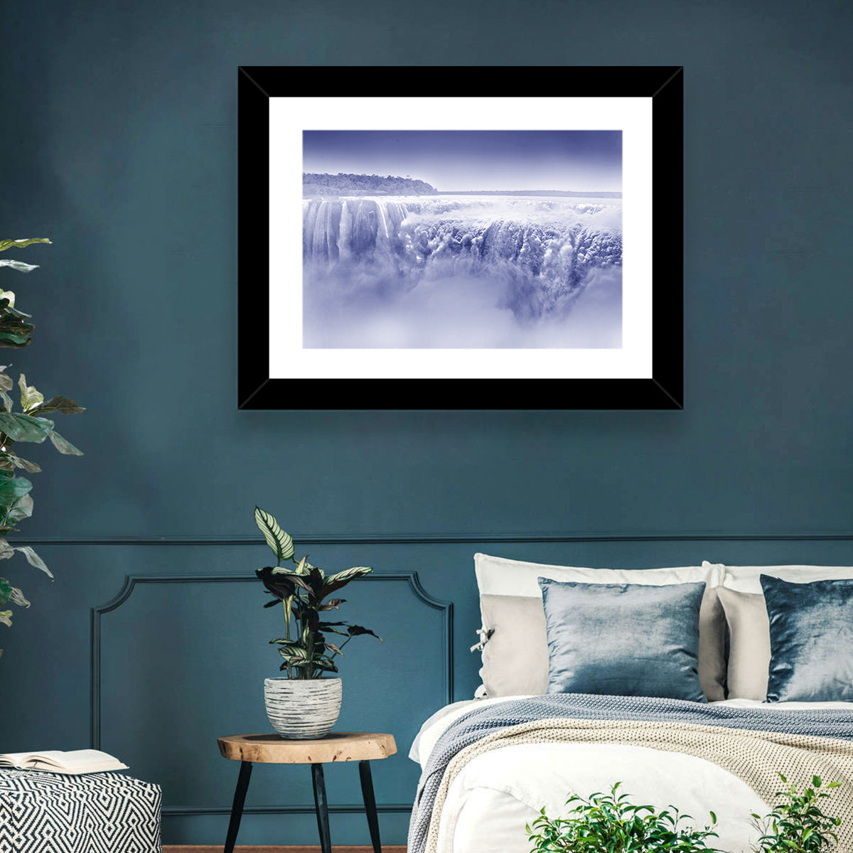 Iguazu Falls Blue Monochrome Wall Art in a room, landscape