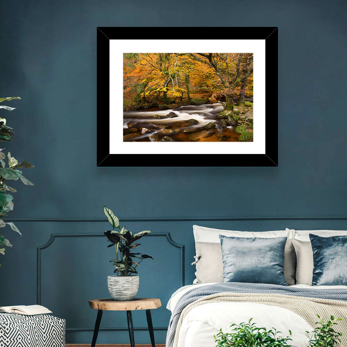 Dartmoor Autumn River in Golden Forest Wall Art in a room, landscape