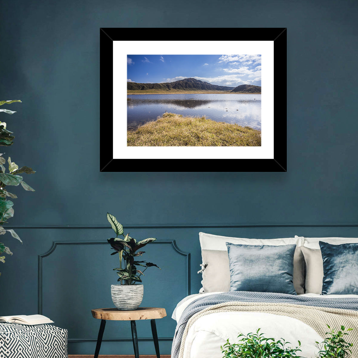 Mount Aso Lake Reflection Wall Art in a room, landscape