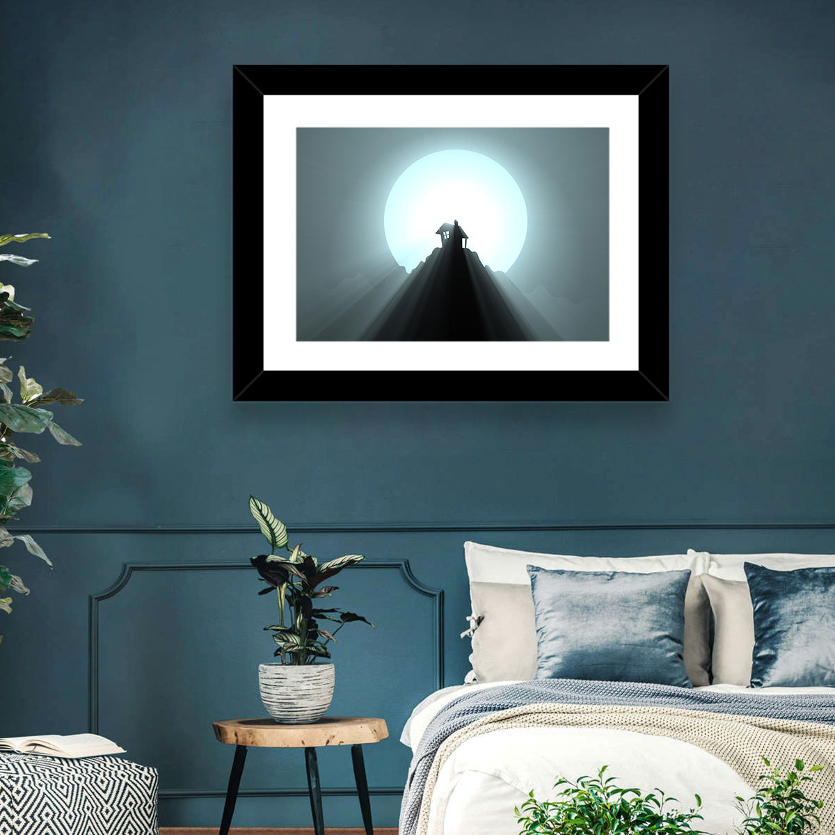 Moonlit Mountain Hut Wall Art in a room, landscape