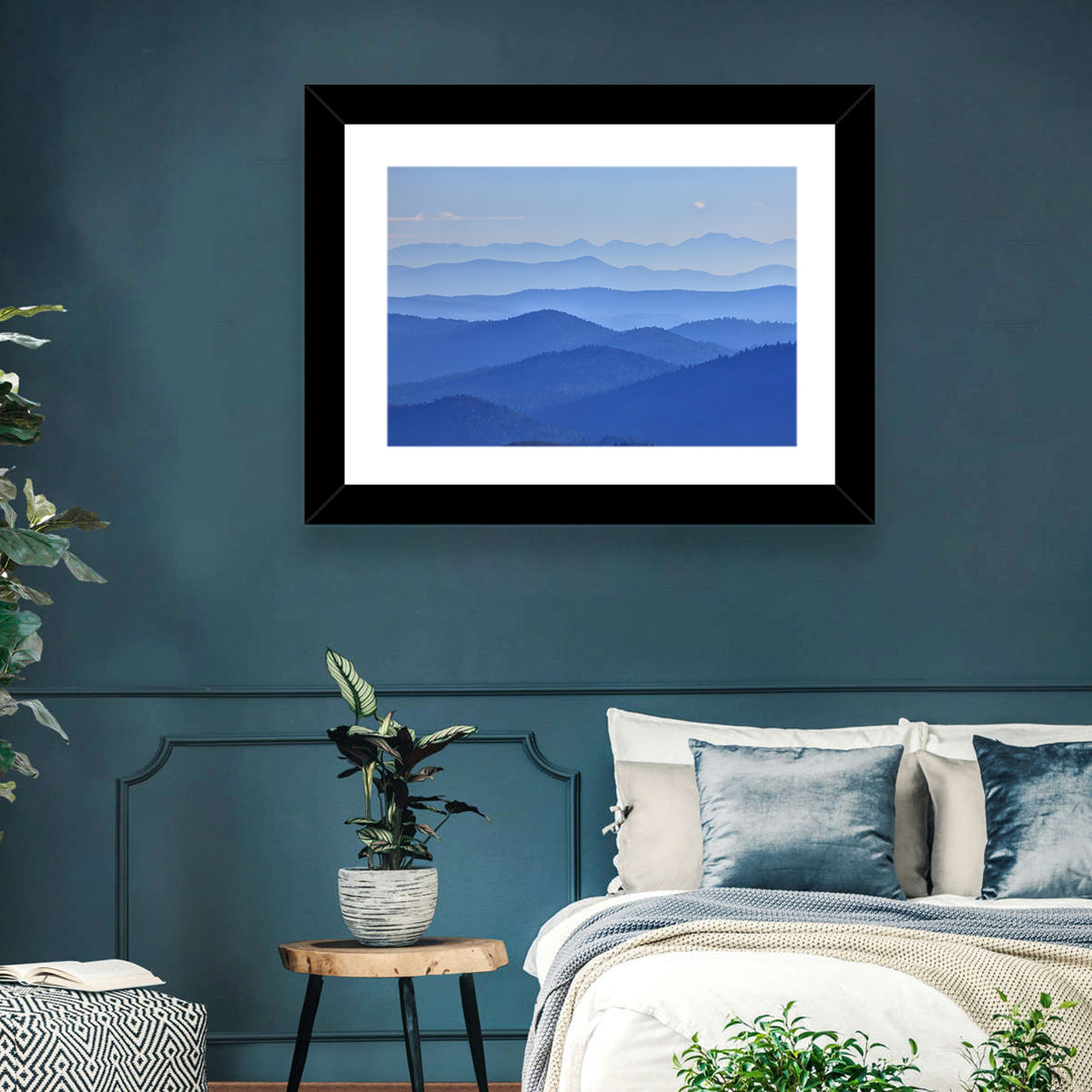 Misty Blue Mountain Valley Wall Art in a room, landscape