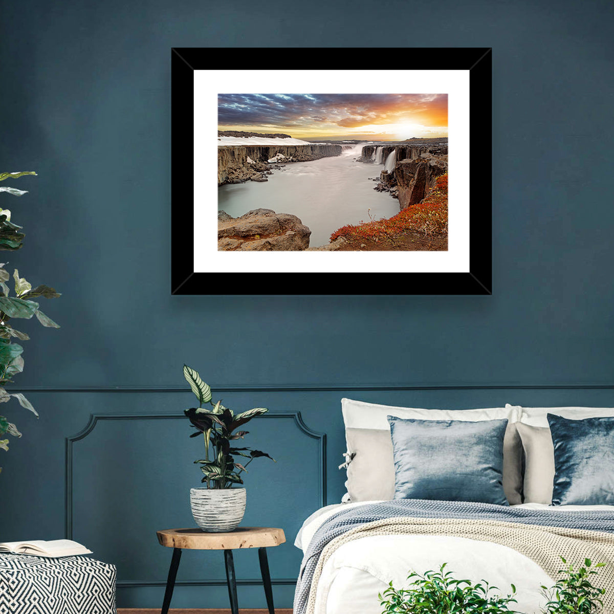 Selfoss Waterfall at Sunset Wall Art in a room, landscape