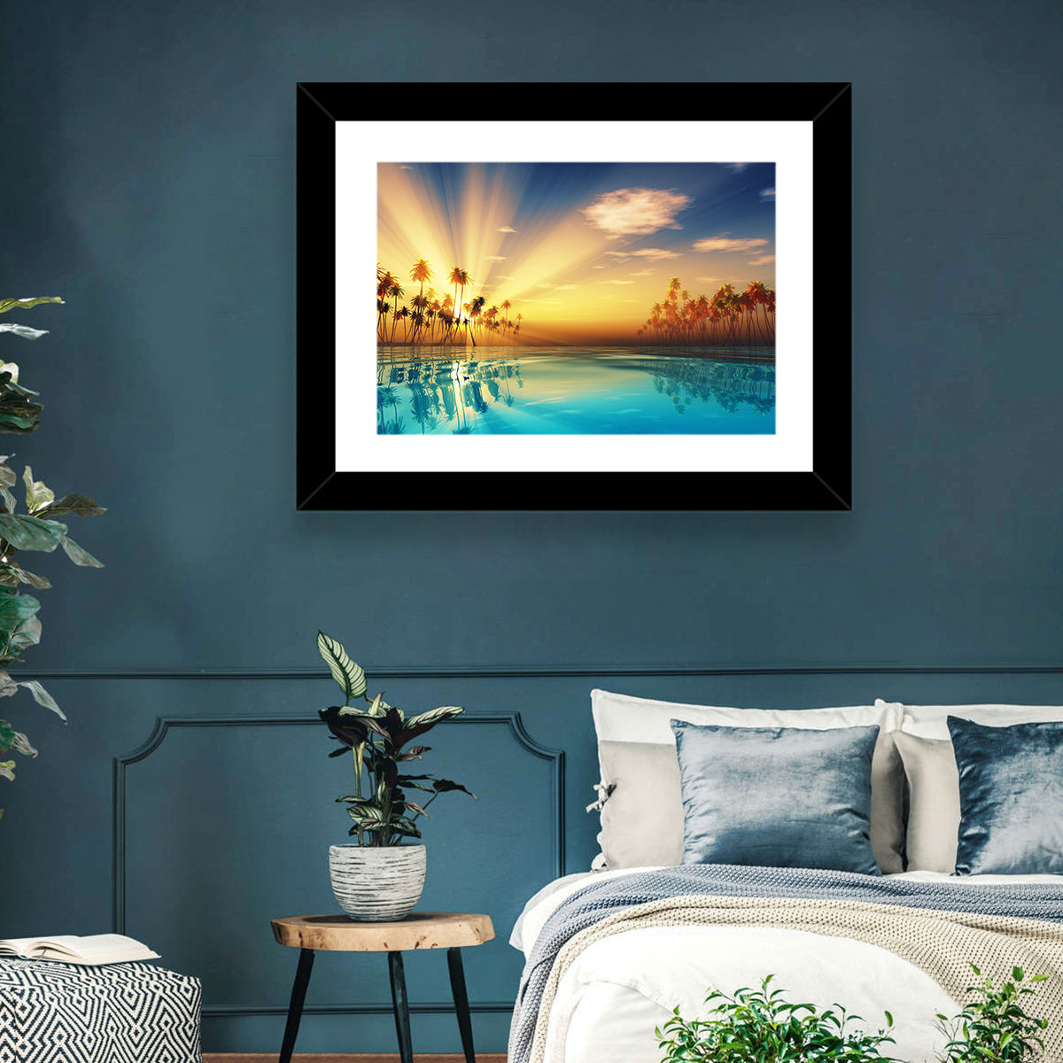 Turquoise Sunset Over Palm Island Wall Art in a room, landscape
