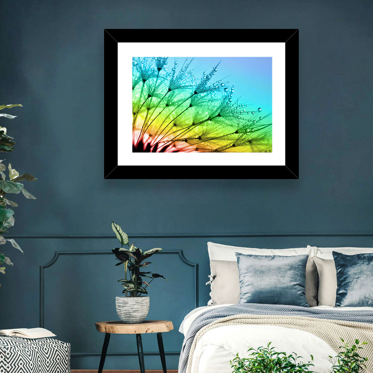 Dewy Dandelion Close-up Wall Art in a room, landscape