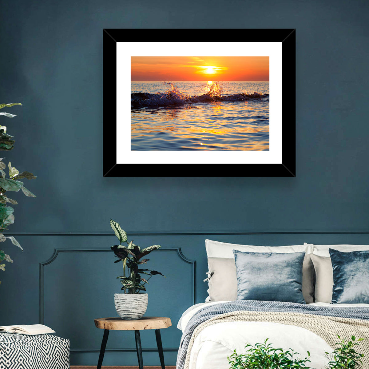 Lake Michigan Sunset Waves Wall Art in a room, landscape