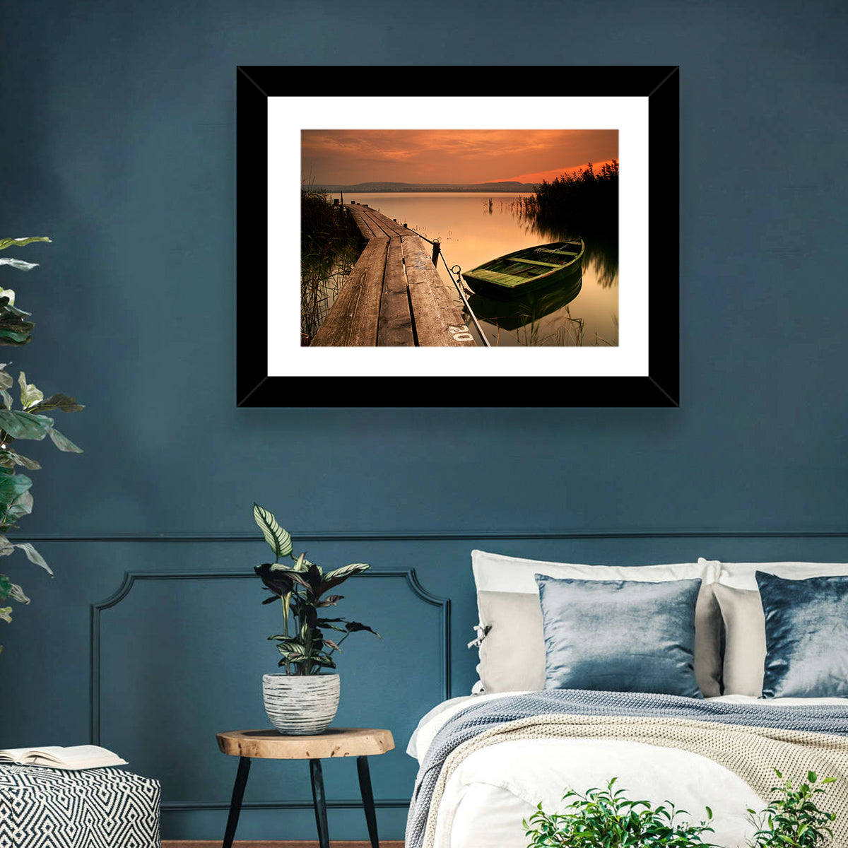 Pier and Rowboat on Lake Balaton Wall Art in a room, landscape