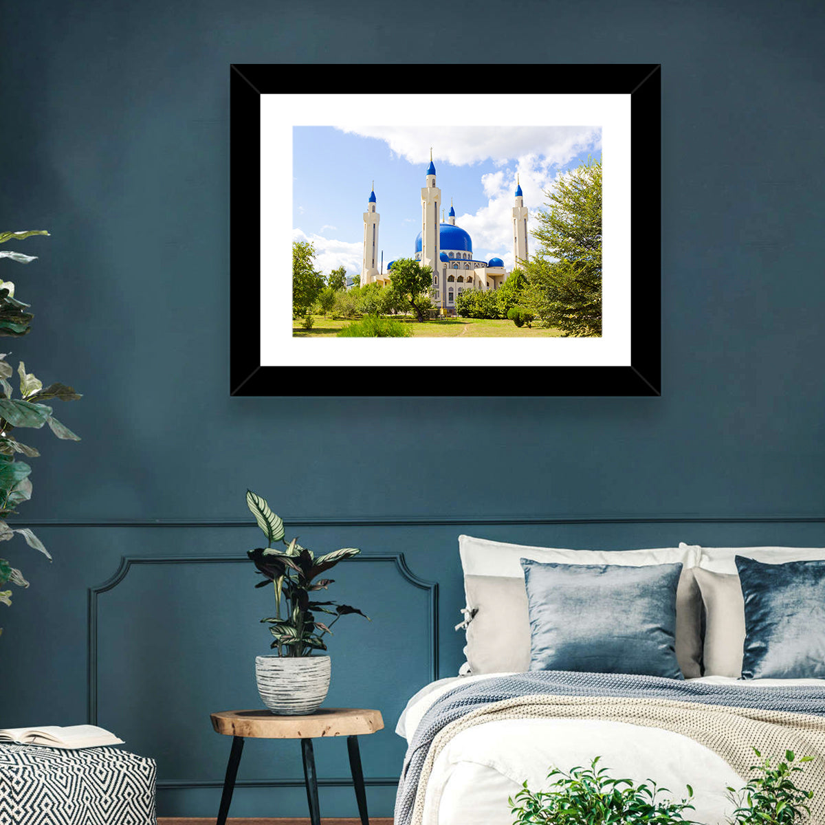 Blue Domed Mosque with Golden Minarets Wall Art in a room, landscape