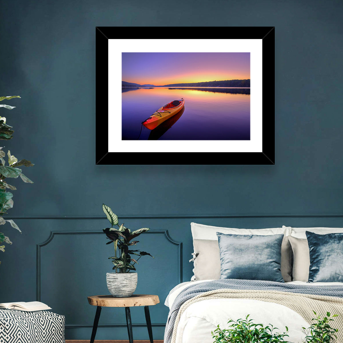 Bright Orange Kayak at Sunset Wall Art in a room, landscape